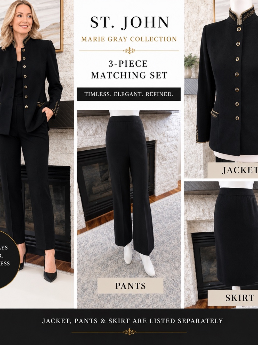 St John Collection Santana Knit Mandarin Collar Embroidered Jacket Gold Trim 4 - Picture 8 of 12